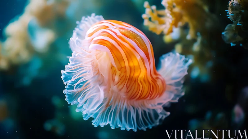 Orange striped jellyfish in blue underwater environment.