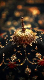 Golden filigree dome cap crowns dark embroidered silk.