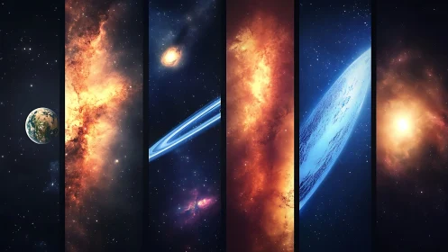 Vibrant sci fi space panels reveal planets, nebulae and light