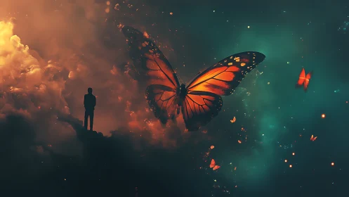 Silhouetted figure facing a large glowing butterfly.