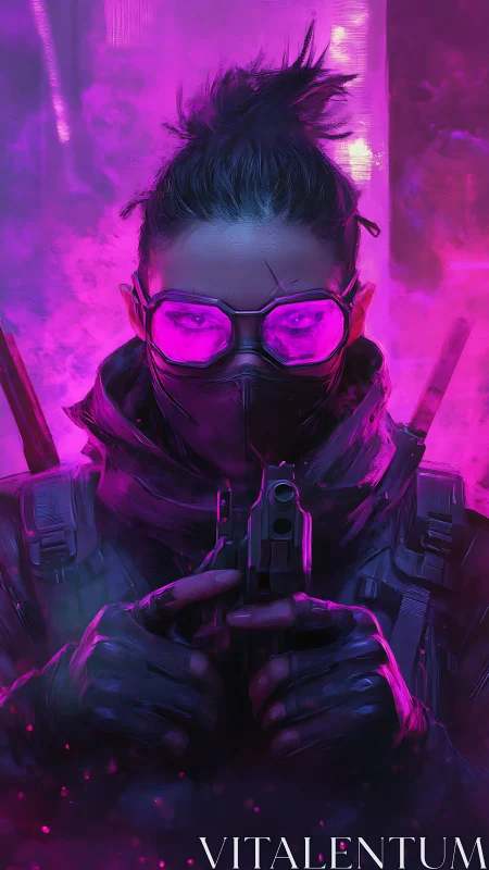 Neon-lit cyberpunk operative aims handgun amid dense magenta fog