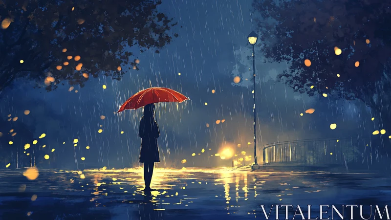 Silhouette with red umbrella under luminous city rain.