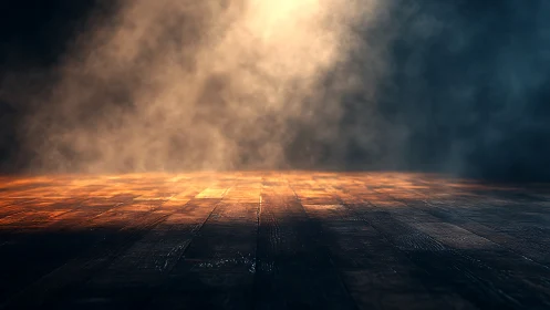 Stage spotlight cuts through dense smoke over dark floor