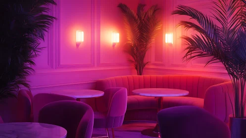Neon magenta lounge interior with curved banquette seating and palms
