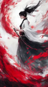 Samurai swordswoman stands in a storm of crimson energy
