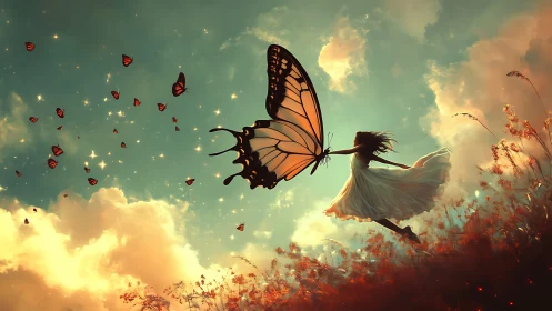 Girl in field suspended by oversized butterfly wing form.