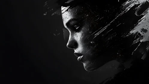 Inkstorm Reverie: monochrome portrait dissolving to night.