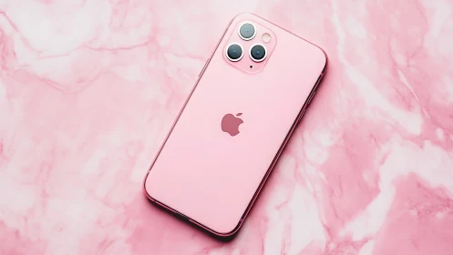 Pink iPhone 11 Pro Max smartphone on marble surface