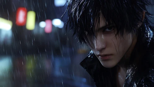 Cinematic close-up of brooding youth in neon rainstorm