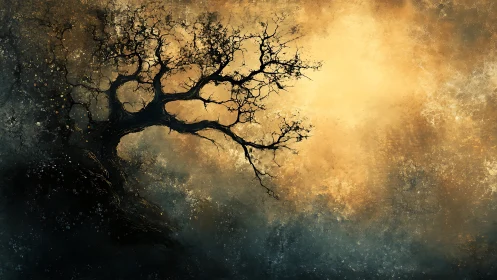 Gnarled lone tree leans into a storm of golden mist