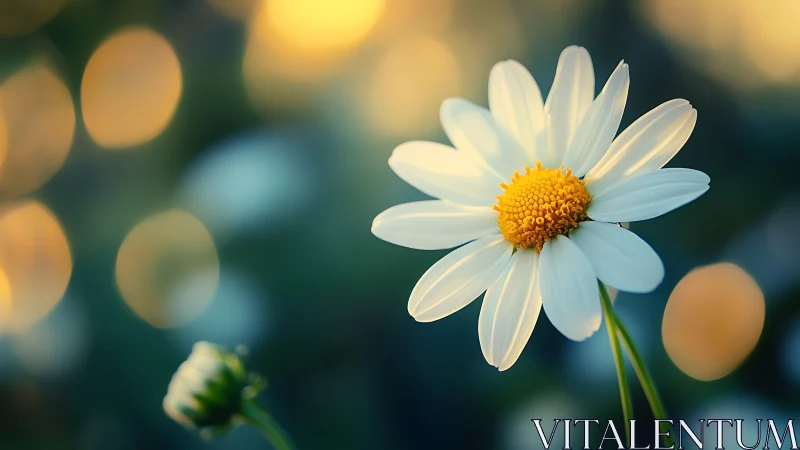 Single daisy in dreamy bokeh light at golden hour.