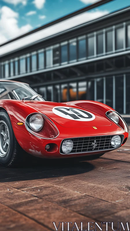 Iconic red racing classic gleams before modern glass building.