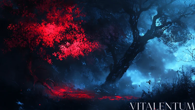 Contrasting red foliage tree illuminates misty blue spectral forest