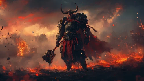 Hellforged warlord strides through molten twilight and ruin