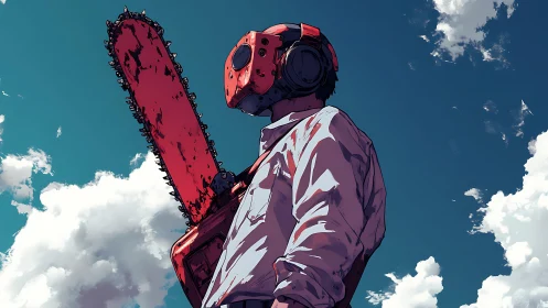 Chainsaw-helmeted figure under cyan sky with dramatic clouds.