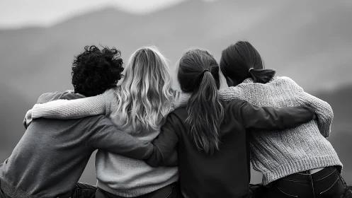 Four Friends Embracing Outdoors in Black and White Style.