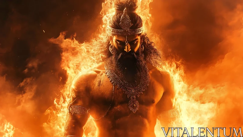 Fire-crowned warrior ascends through roaring sacred flames.