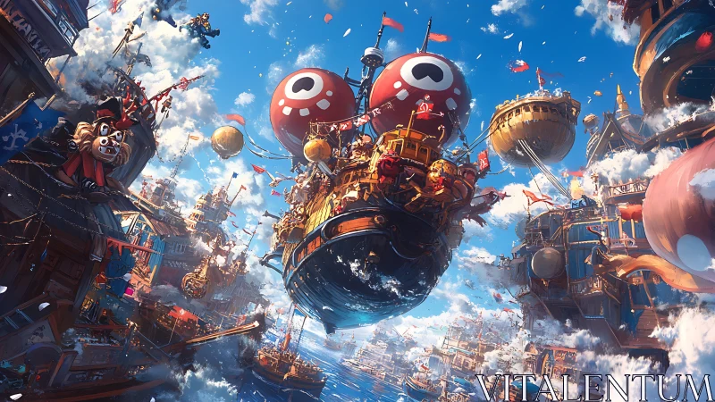 Floating steampunk airship fleet in dense sky harbor scene.