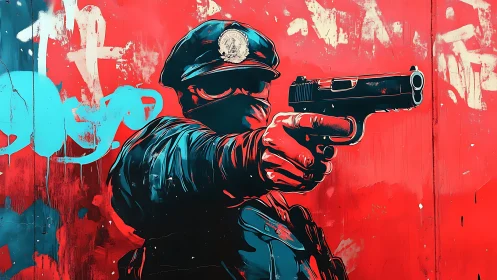 Vector-stylized armed officer on neon red graffiti backdrop.
