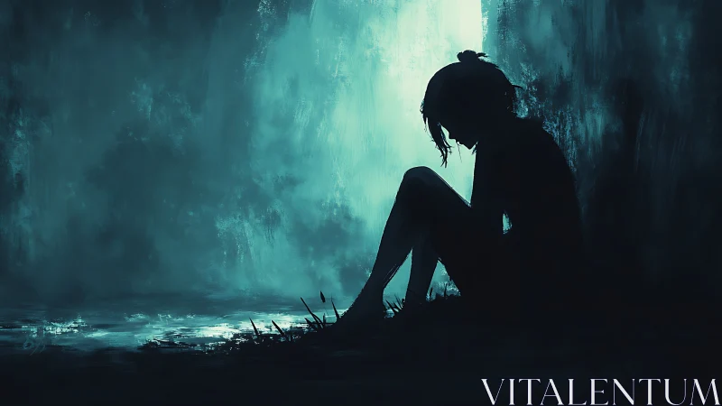 Soft blue shadows cradle a quiet figure in reflection