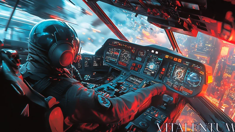 Neon skyline pilot steering a data-lit midnight dropship.