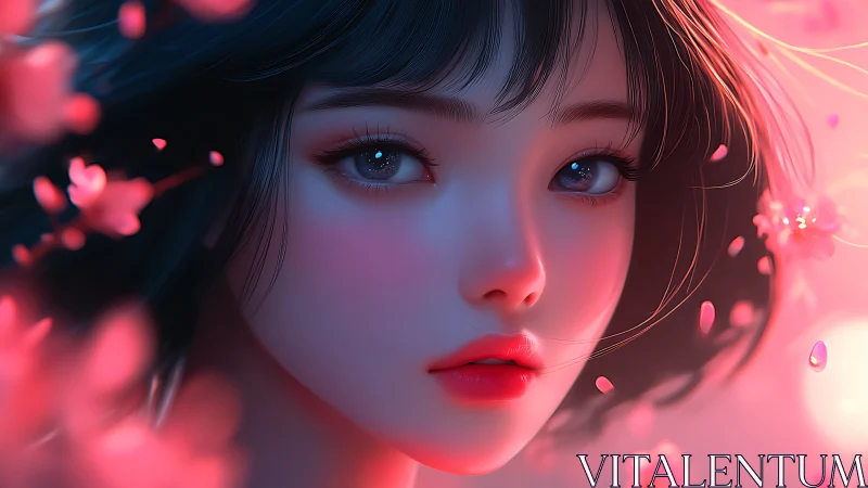 Close view of stylized young woman amid pink petals.