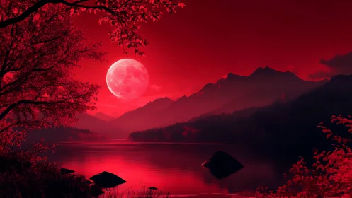 Crimson moonrise above tranquil mountain lake at dusk.
