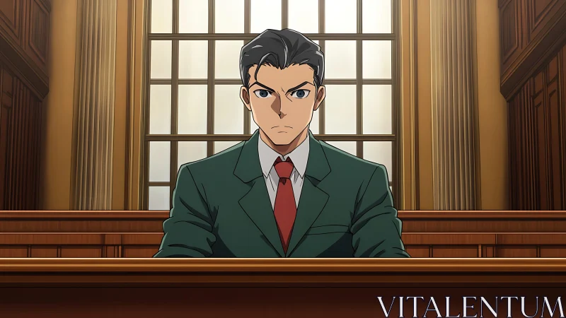 Determined young lawyer sits ready for a crucial courtroom moment