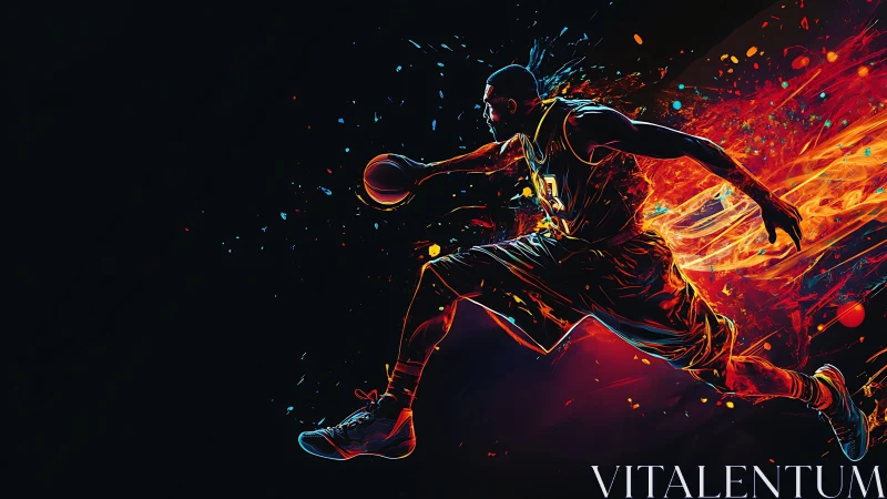 Dynamic neon basketball sprint with explosive motion trails.