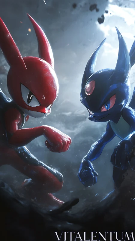 Dual-color chibi fighters in misty arena, cinematic lighting