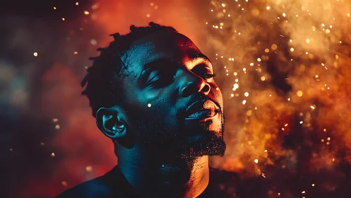 Portrait of man in dramatic orange and blue sparks lighting.