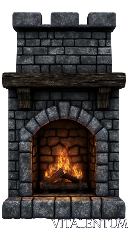 Stone castle fireplace with active flames and dark mortar