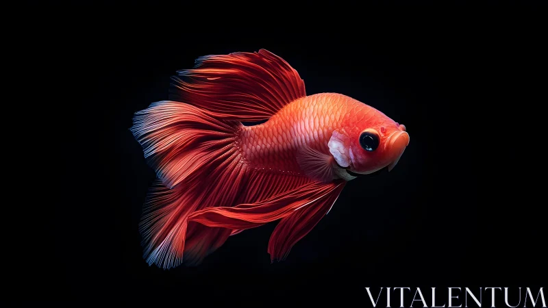 Vibrant red Betta fish with flowing fins on black background.