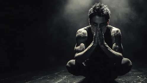 Low key portrait of crouched man in dramatic chiaroscuro lighting.