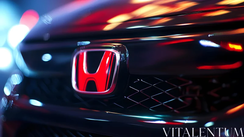 Close-up of Honda Car Grille With Neon Lighting, Modern Style.