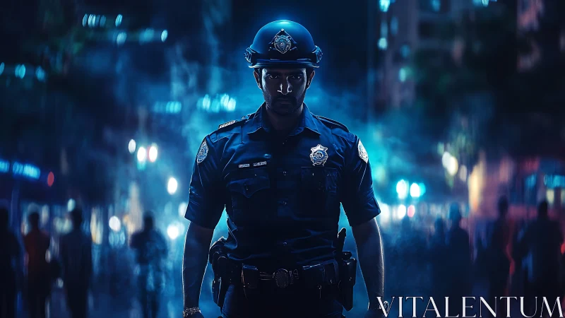 Night city police officer stands in blue cinematic haze.