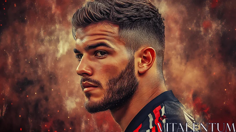 Focused footballer portrait against abstract warm background.