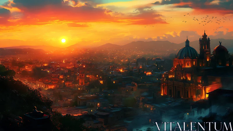 Sunset skyline over illuminated domed cathedral in dense city