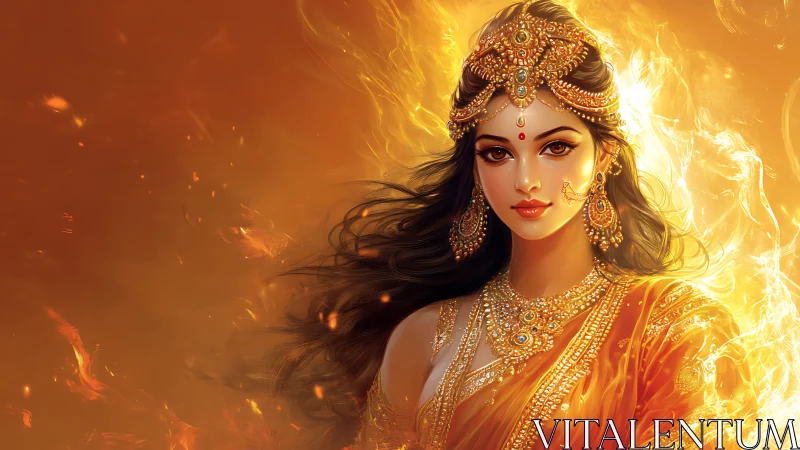 Radiant fire goddess in golden saree and glowing jewels.