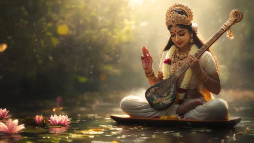 Serene river goddess strums light across lotus dawns.