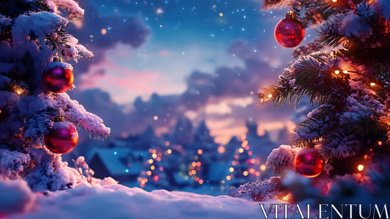 Cozy snowy Christmas trees glowing with warm village lights.
