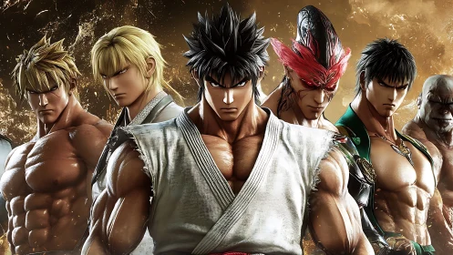 Fierce martial squad blazing through molten arena light.