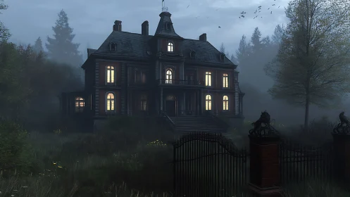 Fog-shrouded Victorian mansion façade with lit interior windows