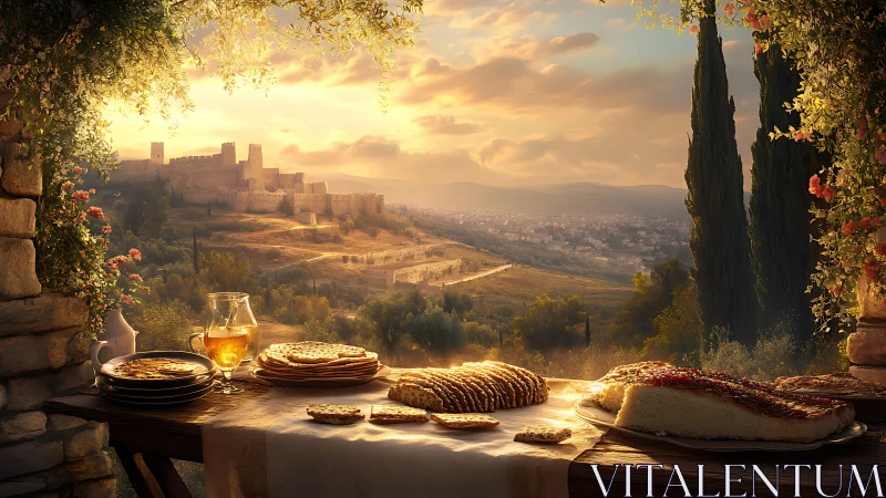 Backlit rustic terrace breakfast overlooking fortified hilltop city
