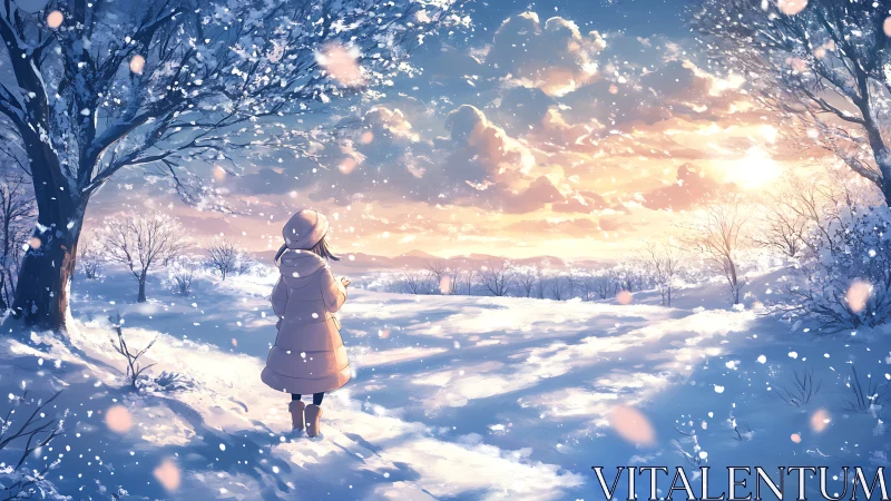 Solitary figure in snow field under winter sunset sky.
