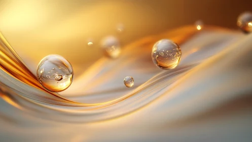 Golden liquid waves cradle luminous glass spheres in motion.