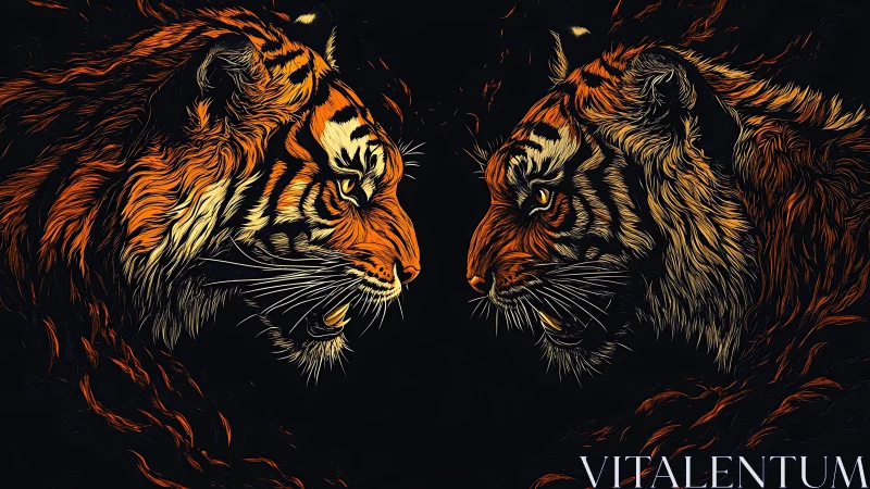 Two Tigers Face Each Other Against Dark Background