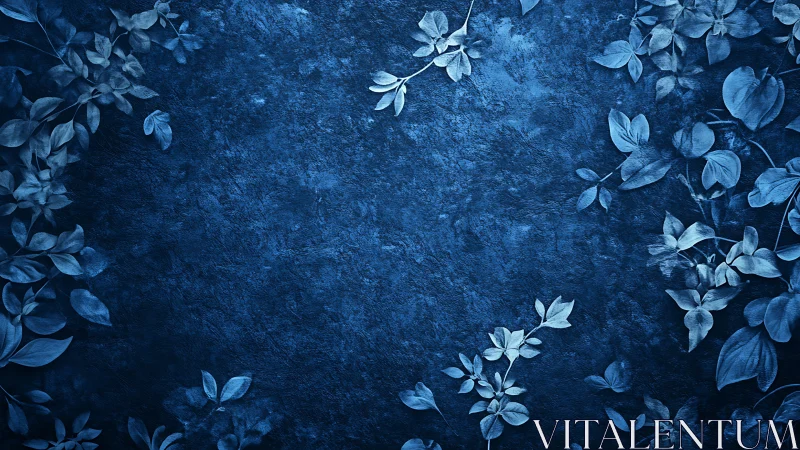 Monochrome botanical frame on textured cobalt substrate.