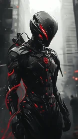 Cybernetic warrior stands in foggy dystopian city street