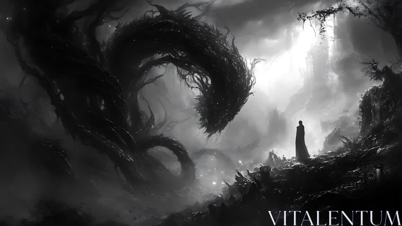 Monochrome scene with cloaked figure and coiled entity.